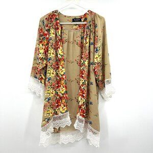 Relipop Beige Floral Lace Crochet Trim Open Front Kimono Women's Medium